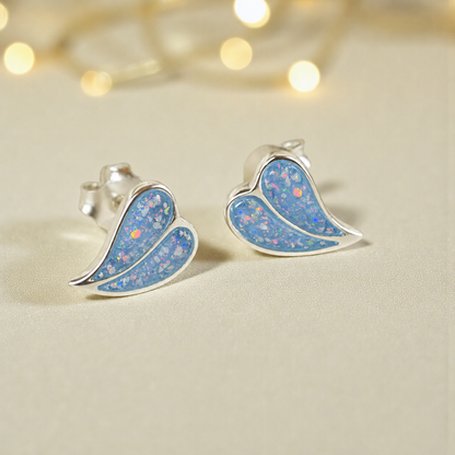 Two Hearts memorial stud earrings in Baby Blue opal — sterling silver, handcrafted in Lancashire, UK