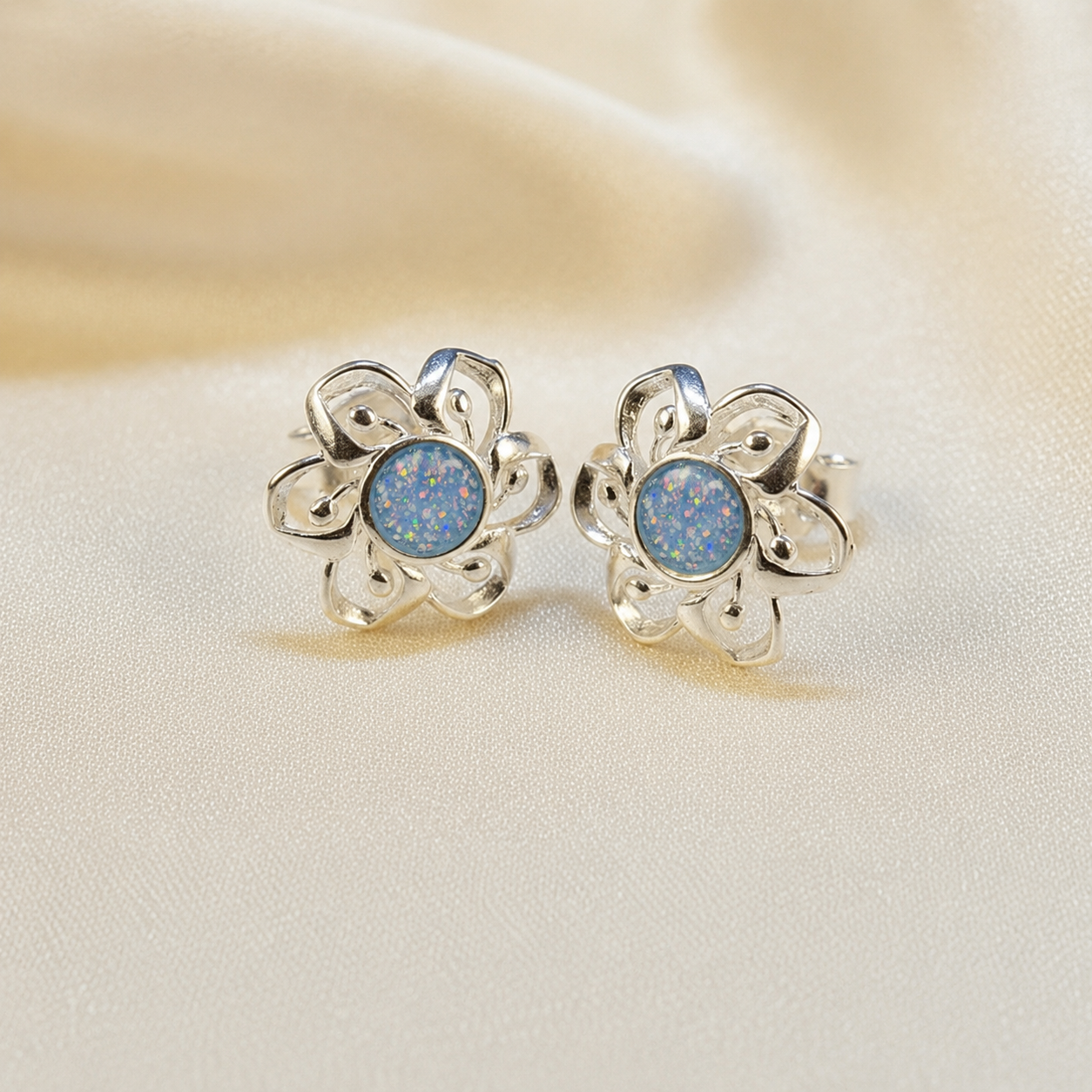 Keepsake Memorial Sterling Silver Ladies Ashes Earrings - Velour Flowers