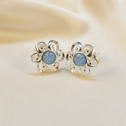 Keepsake Memorial Sterling Silver Flower Stud Ashes Earrings Velour Flowers in Baby Blue - Handcrafted in the UK