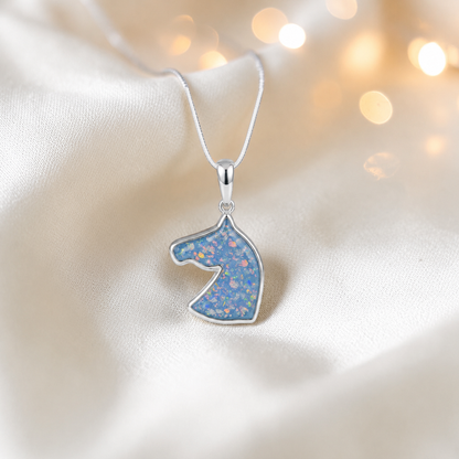 Willow horse head ashes pendant in baby blue, handcrafted in Lancashire UK - by Keepsake Memorial Jewellery