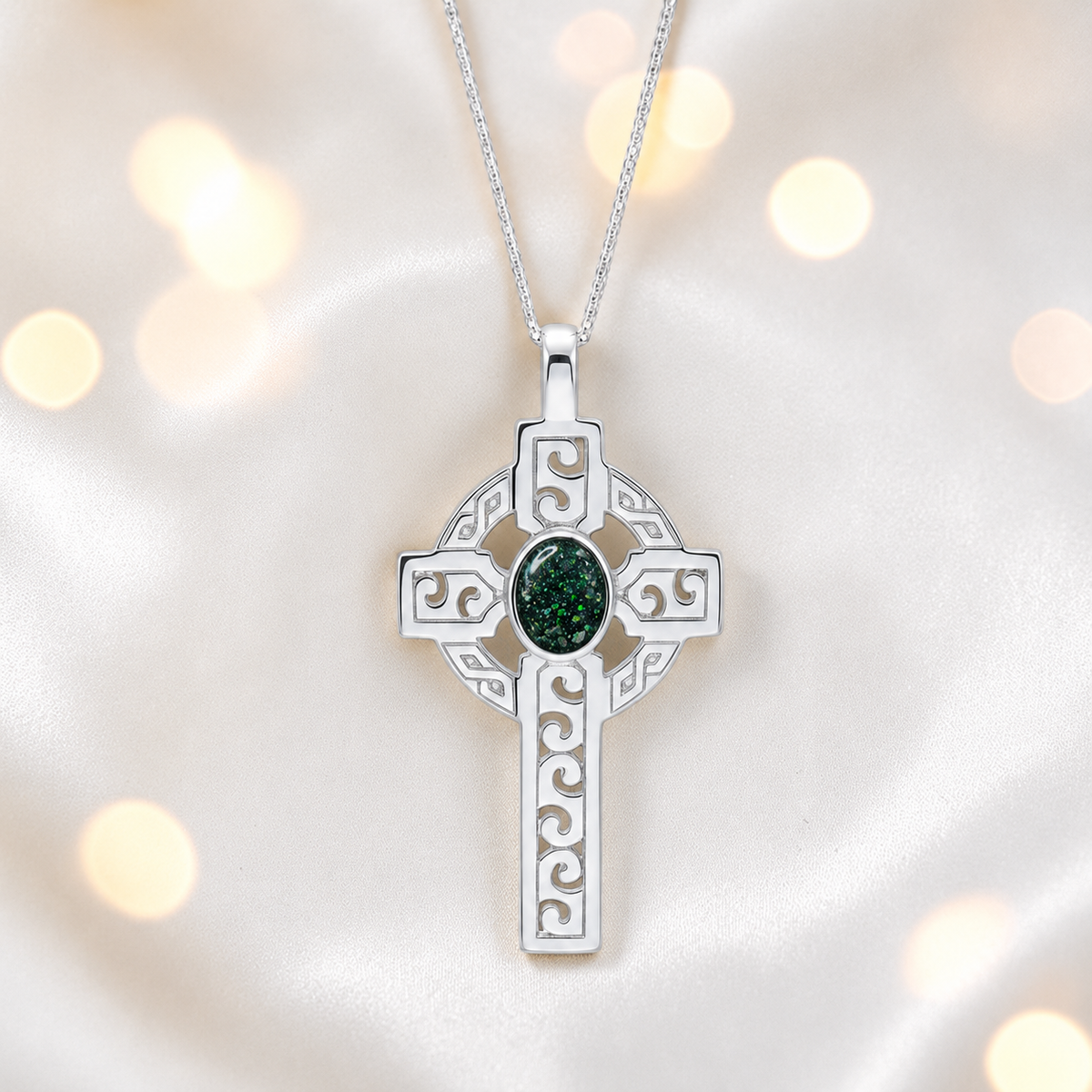 Black flame Anam sterling silver Celtic cross memorial pendant, 55mm, handcrafted in Lancashire UK by Keepsake Memorial Jewellery