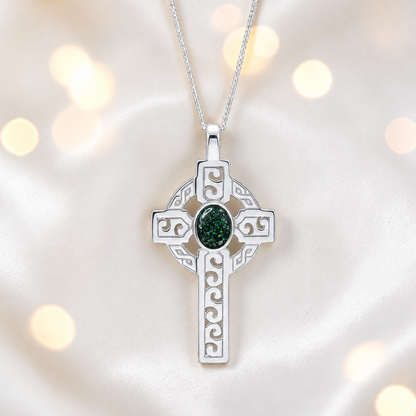 Black flame Anam sterling silver Celtic cross memorial pendant, 55mm, handcrafted in Lancashire UK by Keepsake Memorial Jewellery