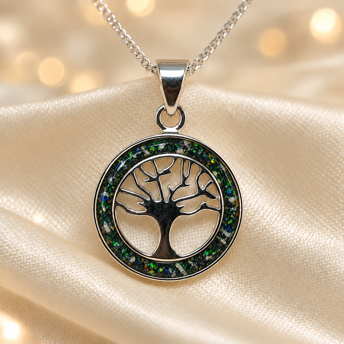 Black Flame Keepsake Memorial Silver Circle Tree of Life Ashes Pendant in sterling silver 925, 16mm