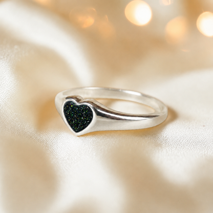 Eden Heart shaped memorial ashes ring in black flame,  handcrafted in Lancashire, UK.