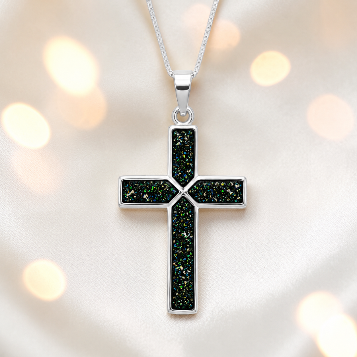 Black flame Endura men's sterling silver cross memorial pendant, 29mm, handcrafted in Lancashire UK by Keepsake Memorial Jewellery