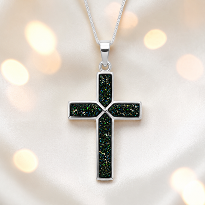 Black flame Endura men's sterling silver cross memorial pendant, 29mm, handcrafted in Lancashire UK by Keepsake Memorial Jewellery