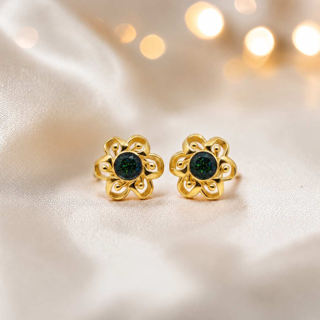 Black Flame Freya 9ct gold flower earrings, handcrafted in Lancashire, UK – by Keepsake Memorial Jewellery