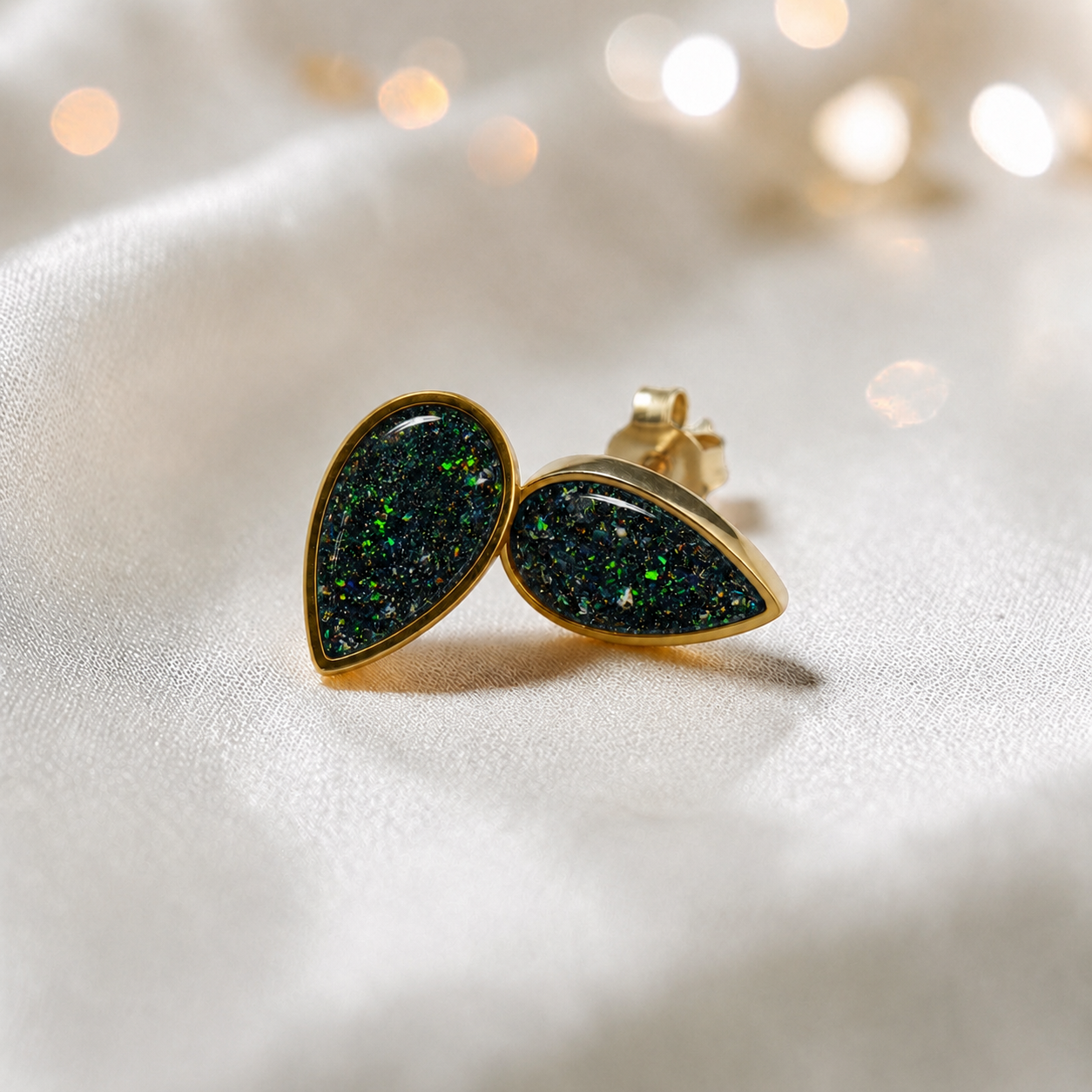 Black Flame Luma 9ct gold pear drop earrings, handcrafted in Lancashire, UK – by Keepsake Memorial Jewellery