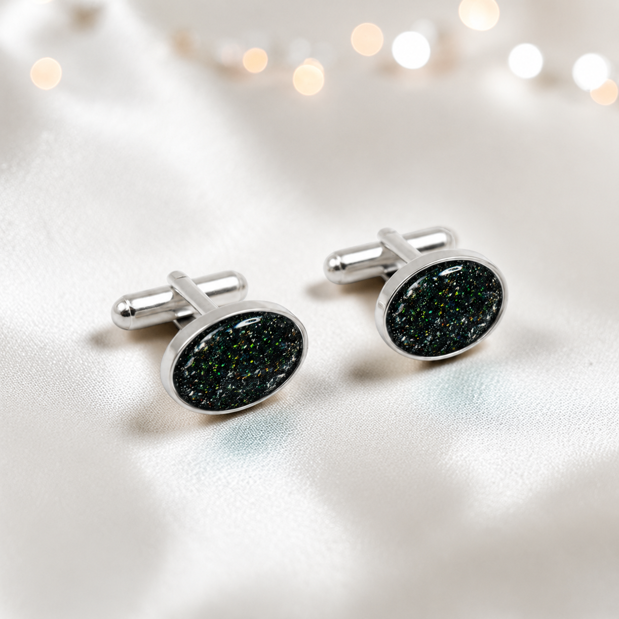 Black flame Pulse sterling silver oval memorial ashes cufflinks, handcrafted in Lancashire UK