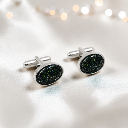 Black flame Pulse sterling silver oval memorial ashes cufflinks, handcrafted in Lancashire UK