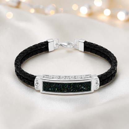 Black flame Sentinel men's sterling silver and leather memorial bracelet , handcrafted in Lancashire UK by Keepsake Memorial Jewellery
