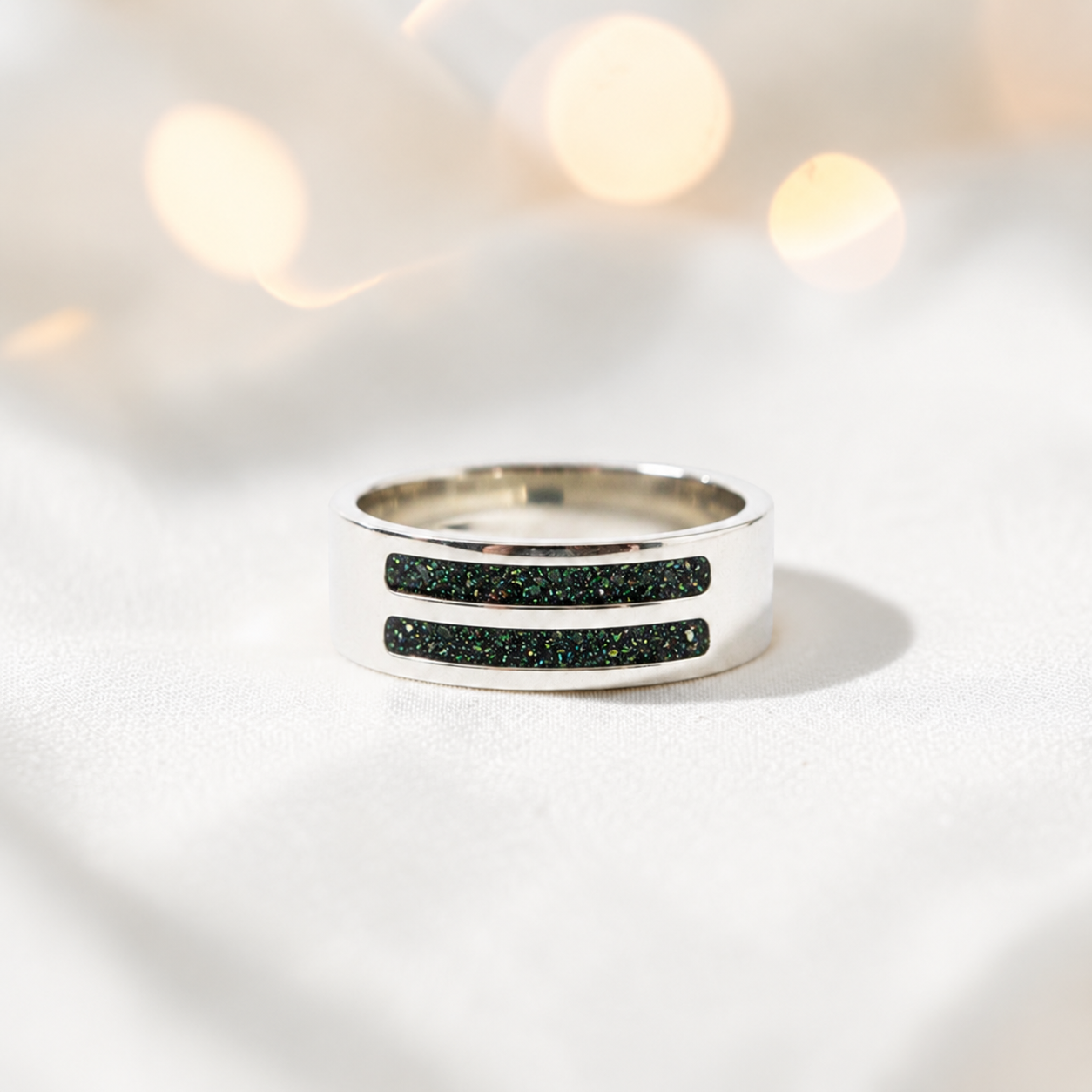 Black Flame Strata men's sterling silver double channel memorial ring, wide comfort-fit band, handcrafted in Lancashire UK by Keepsake Memorial Jewellery