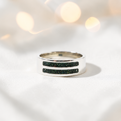 Black Flame Strata men's sterling silver double channel memorial ring, wide comfort-fit band, handcrafted in Lancashire UK by Keepsake Memorial Jewellery