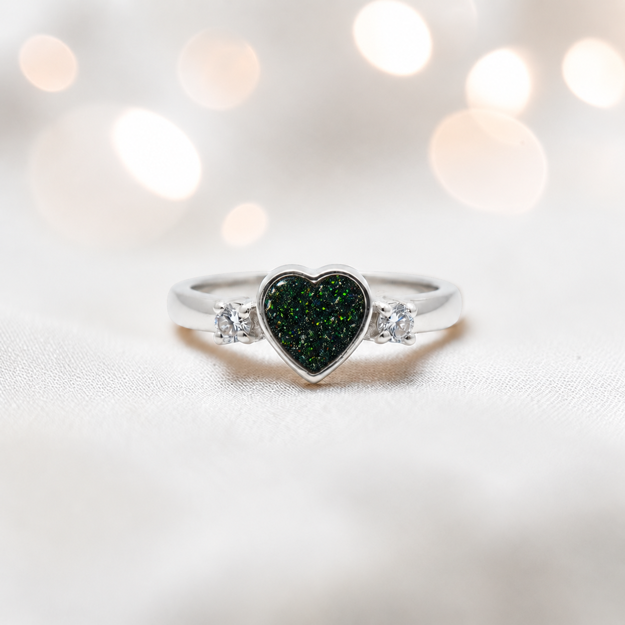 Valentina Ring — silver heart ashes memorial ring, in black flame, handcrafted in the UK