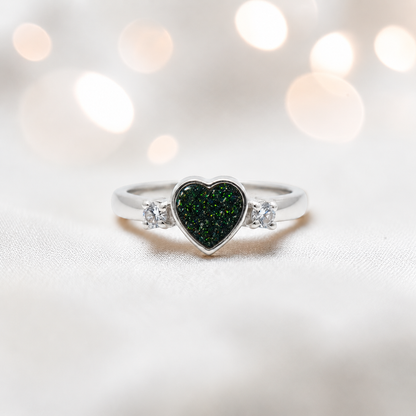 Valentina Ring — silver heart ashes memorial ring, in black flame, handcrafted in the UK