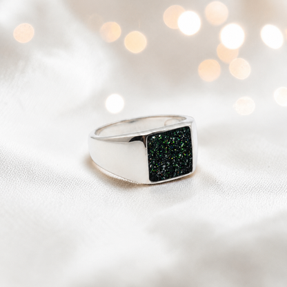 Black flame Valor men's sterling silver memorial signet ring, handcrafted in Lancashire UK by Keepsake Memorial Jewellery