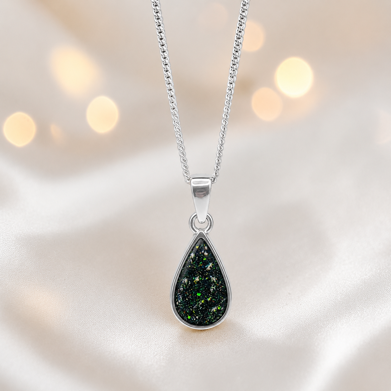 Silver Vega teardrop memorial pendant in Black Flame, handcrafted in Lancashire UK