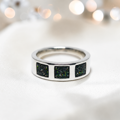 Black Flame vigil men's sterling silver memorial ring with triple setting, handcrafted in Lancashire UK by Keepsake Memorial Jewellery