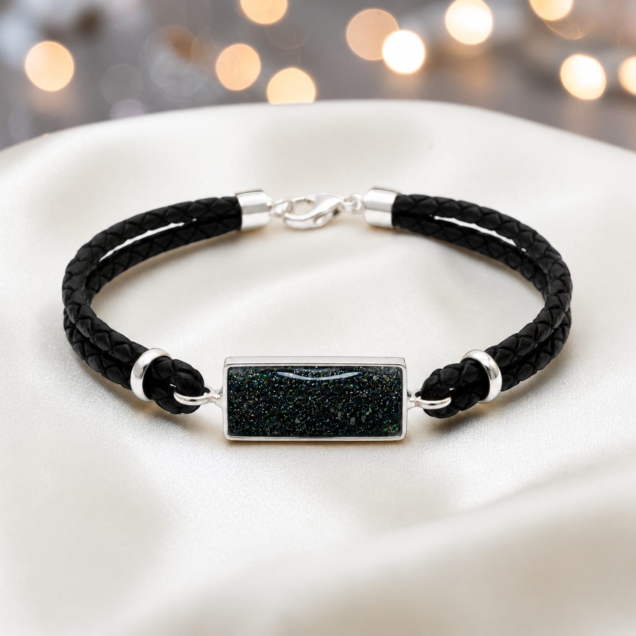 Black flame Zenith men's sterling silver and leather memorial bracelet , handcrafted in Lancashire UK by Keepsake Memorial Jewellery