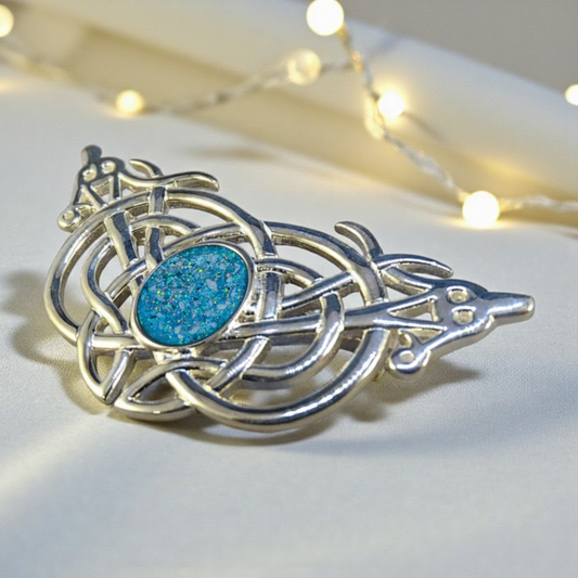 Caledonia Brooch — silver Celtic ashes memorial brooch with blue opal centre setting, handcrafted in Lancashire, UK