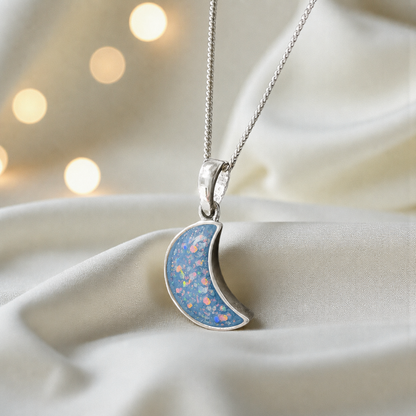 Caph sterling silver moon shaped pendant in baby blue, handcrafted in Lancashire UK