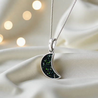 Caph sterling silver moon shaped pendant in black flame, handcrafted in Lancashire UK