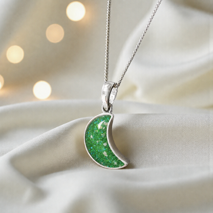Caph sterling silver moon shaped pendant in fruit green, handcrafted in Lancashire UK