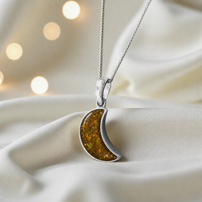 Caph sterling silver moon shaped pendant in gold olive, handcrafted in Lancashire UK