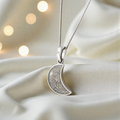 Caph sterling silver moon shaped pendant in natural ash, handcrafted in Lancashire UK