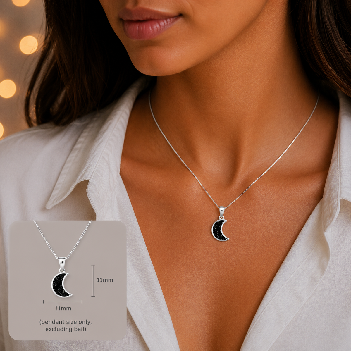 Caph sterling silver moon shaped ashes pendant, handcrafted in Lancashire UK