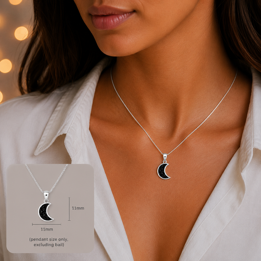 Caph sterling silver moon shaped ashes pendant, handcrafted in Lancashire UK