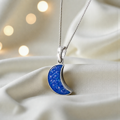 Caph sterling silver moon shaped pendant in royal blue, handcrafted in Lancashire UK