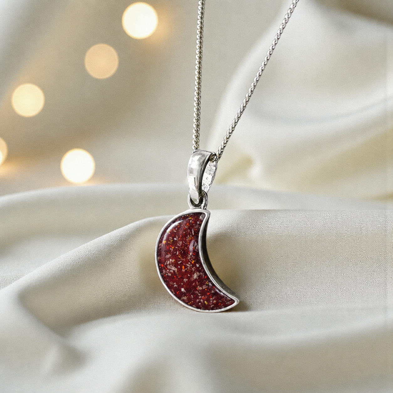 Caph sterling silver moon shaped pendant in ruby red, handcrafted in Lancashire UK