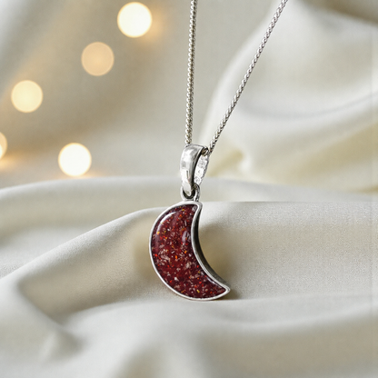 Caph sterling silver moon shaped pendant in ruby red, handcrafted in Lancashire UK