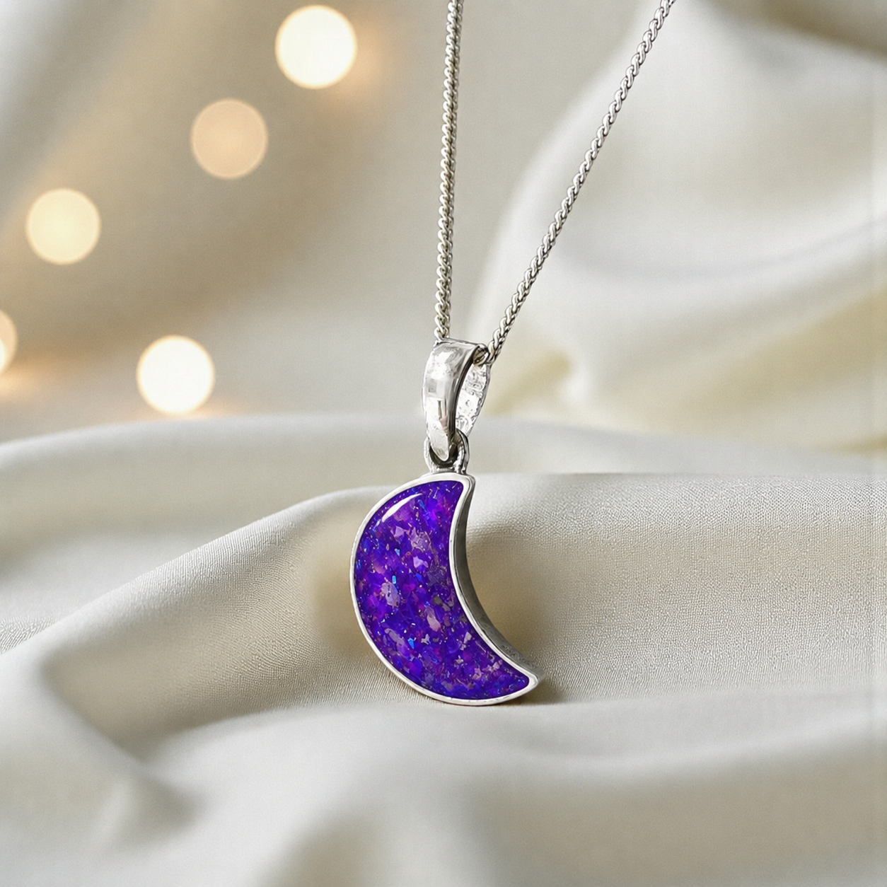 Caph sterling silver moon shaped pendant in sleepy lavender, handcrafted in Lancashire UK