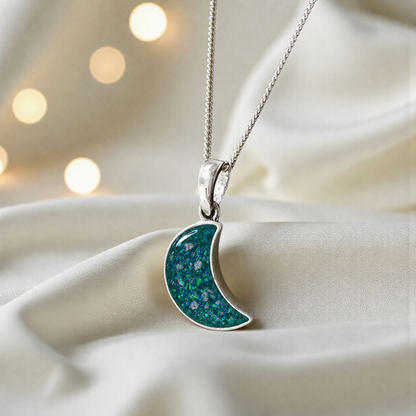 Caph sterling silver moon shaped pendant in teal mist, handcrafted in Lancashire UK