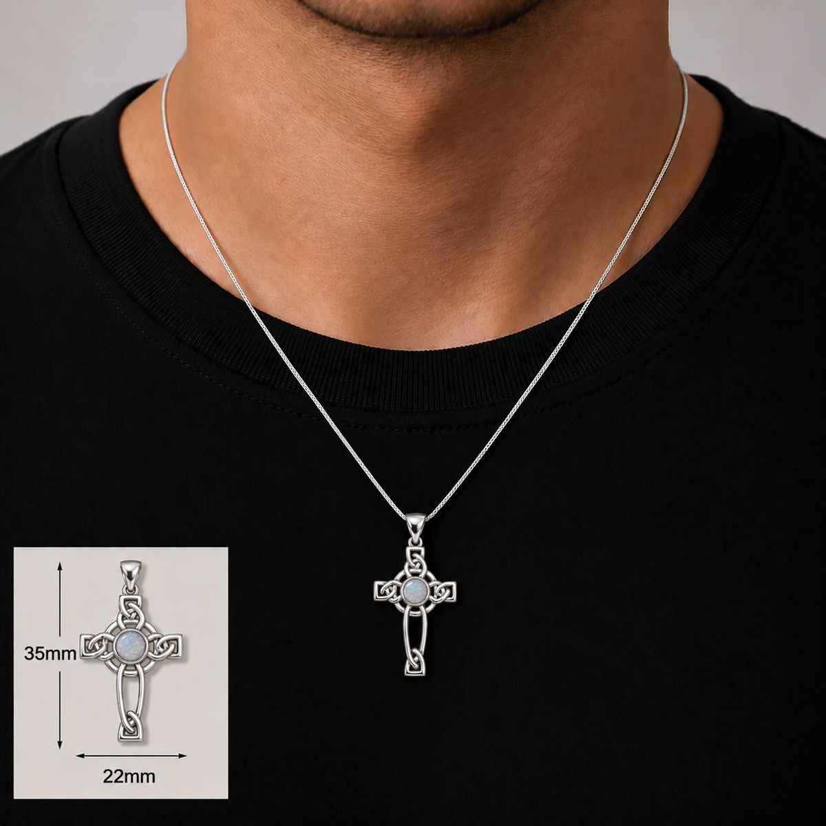 Keepsake Memorial Silver Celtic Cross Ashes Pendant in sterling silver 925, 35mm x 22mm on model