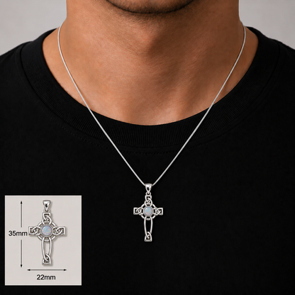 Keepsake Memorial Silver Celtic Cross Ashes Pendant in sterling silver 925, 35mm x 22mm on model