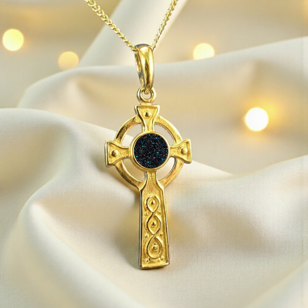 Claddagh Cross first image with Black Flame opal