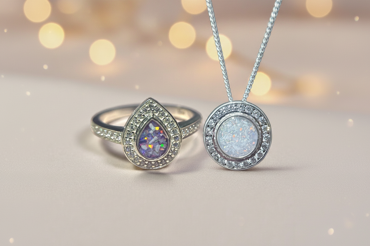 Clean memorial jewellery banner with Eternal Light Ring and Alderan Pendant