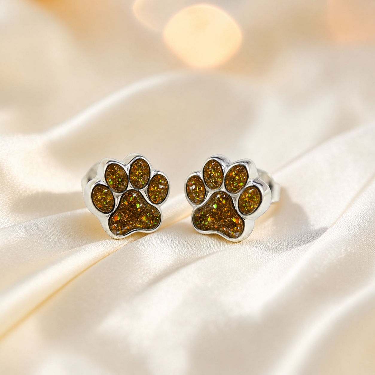 Cleo pet paw memorial ear studs in Gold Olive opal — sterling silver, handcrafted in Lancashire, UK