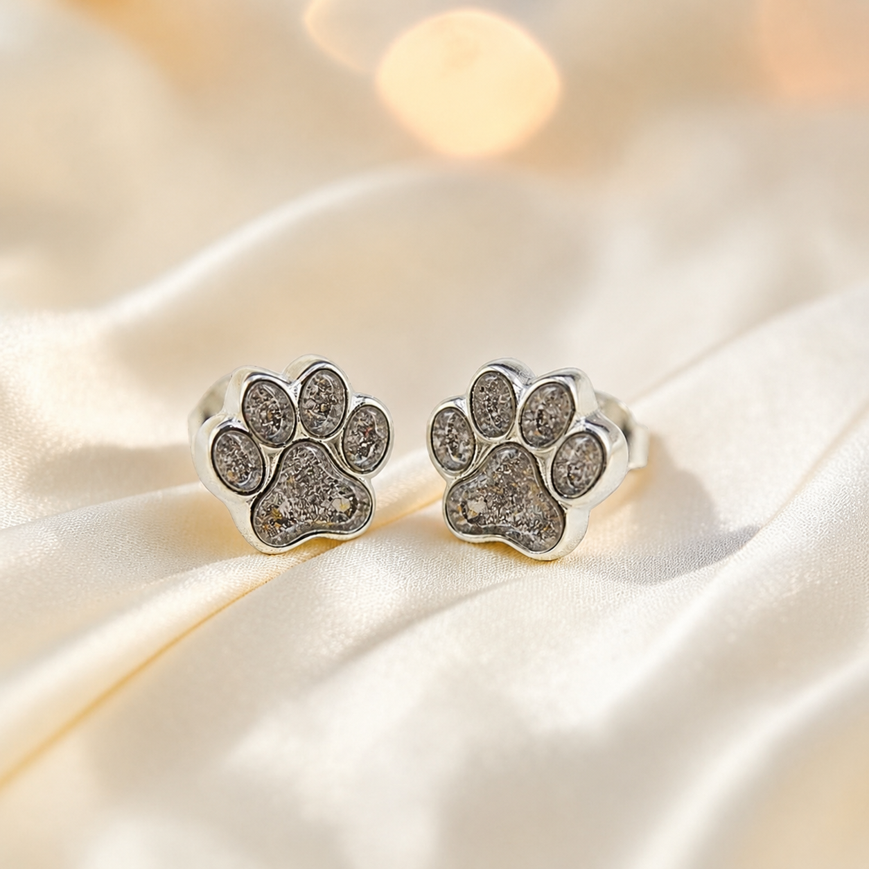Cleo pet paw memorial ear studs in Natural Ash opal — sterling silver, handcrafted in Lancashire, UK