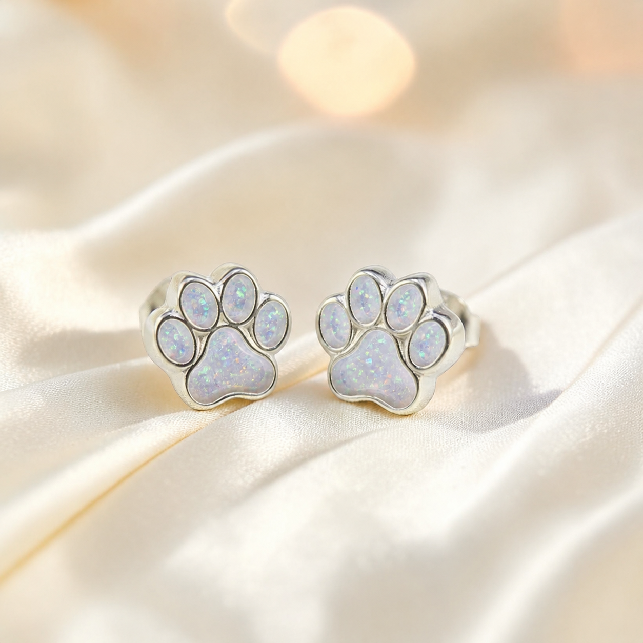 Cleo pet paw memorial ear studs in White Snow opal — sterling silver, handcrafted in Lancashire, UK