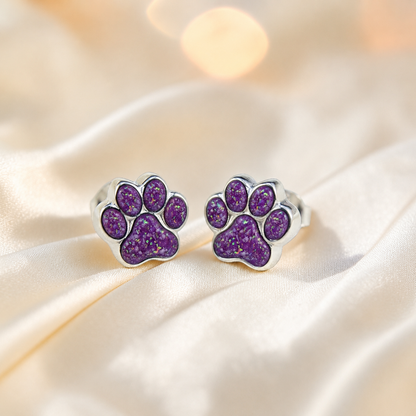 Cleo pet paw memorial ear studs in Rose Pink opal — sterling silver, handcrafted in Lancashire, UK