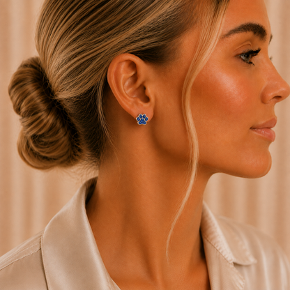 Cleo pet paw memorial ear studs in Sapphire Glow opal — sterling silver, handcrafted in Lancashire, UK - by Keepsake Memorial Jewellery