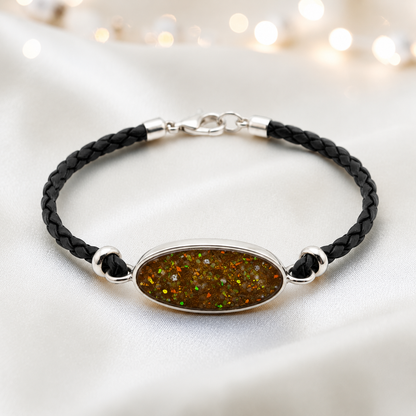 Gold olive Continuum men's sterling silver and leather memorial bracelet , handcrafted in Lancashire UK by Keepsake Memorial Jewellery