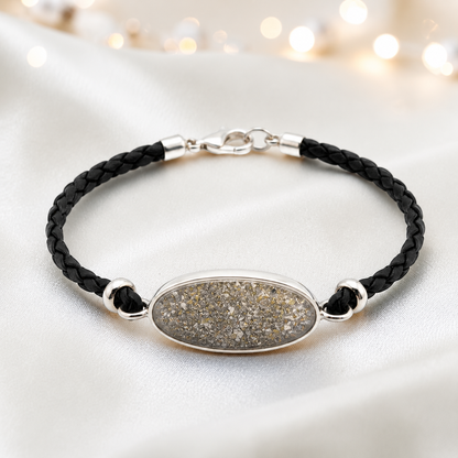Natural ash Continuum men's sterling silver and leather memorial bracelet , handcrafted in Lancashire UK by Keepsake Memorial Jewellery