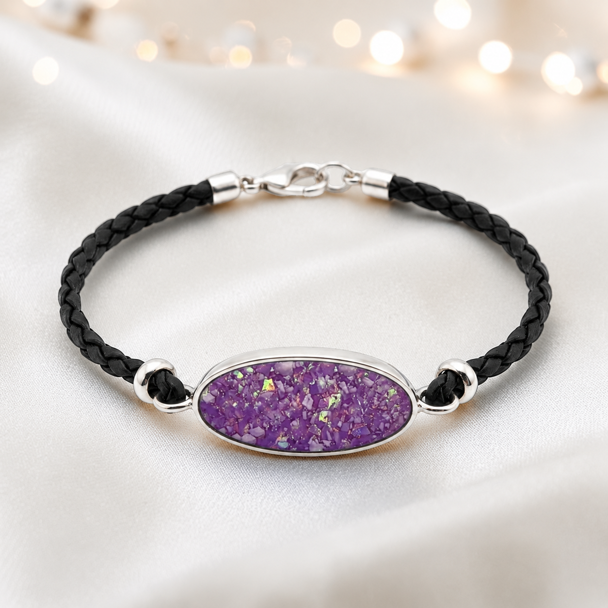 Rose pink Continuum men's sterling silver and leather memorial bracelet , handcrafted in Lancashire UK by Keepsake Memorial Jewellery