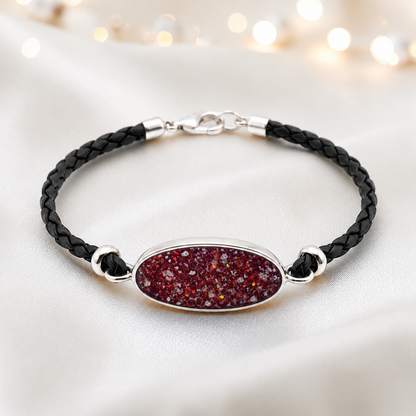 Ruby red Continuum men's sterling silver and leather memorial bracelet , handcrafted in Lancashire UK by Keepsake Memorial Jewellery