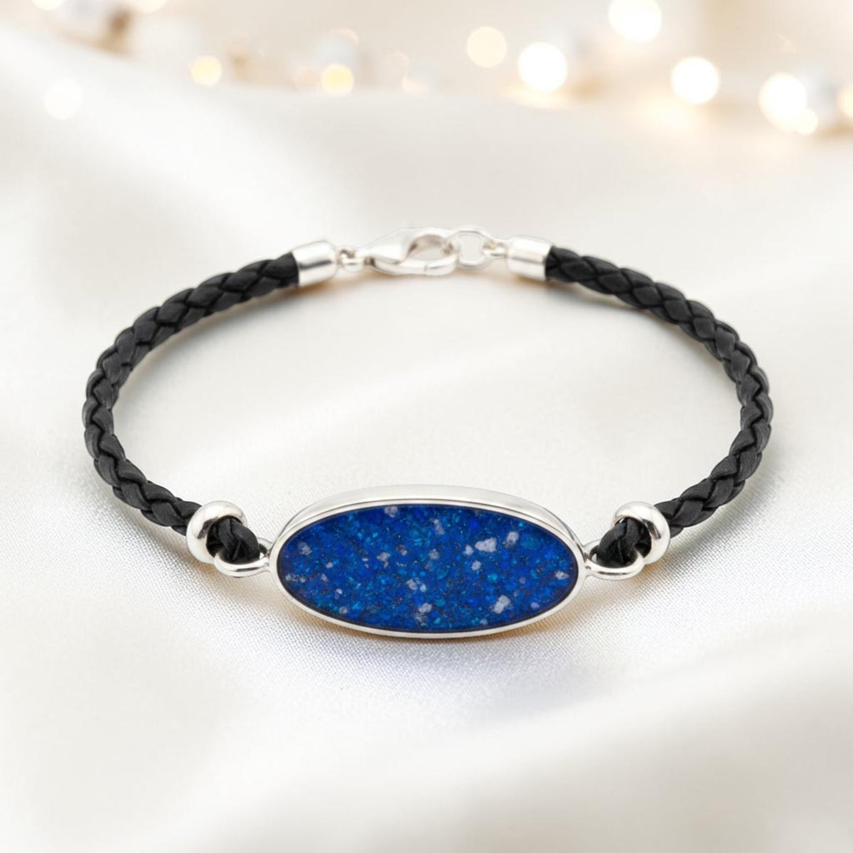 Royal blue Continuum men's sterling silver and leather memorial bracelet , handcrafted in Lancashire UK by Keepsake Memorial Jewellery